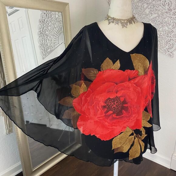 Dressbarn Whimsygoth Bat Sleeve Shawl Asymmetric Plus Size Mesh Rose Top 1X - Picture 3 of 7
